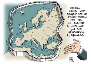 Rettung von Flüchtlingen: Wie will Europa verhindern, dass das Mittelmeer auch weiterhin zum Massengrab für Flüchtlinge wird? - Karikatur Schwarwel