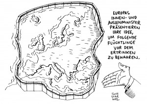 Rettung von Flüchtlingen: Wie will Europa verhindern, dass das Mittelmeer auch weiterhin zum Massengrab für Flüchtlinge wird? - Karikatur Schwarwel