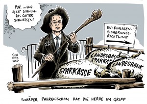 Haftungsverbund: DSGV-Chef Fahrenschon schwört Sparkassen und Landesbanken auf EU-Einlagensicherungssrichtlinie ein - Karikatur Schwarwel
