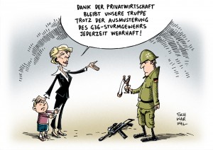Sturmgewehr: Von der Leyen mustert G36 aus - Karikatur Schwarwel