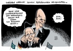 Griechenland-Gipfel: Varoufakis glänzt mit Charmeoffensive, bleibt aber in Haltung hart - Karikatur Schwarwel