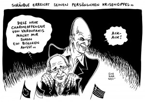 Griechenland-Gipfel: Varoufakis glänzt mit Charmeoffensive, bleibt aber in Haltung hart - Karikatur Schwarwel