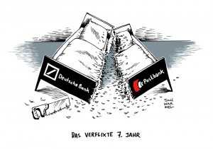 Deutsche Bank: Nach sieben Jahren wird Postbank wieder abgespalten - Karikatur Schwarwel