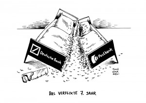 Deutsche Bank: Nach sieben Jahren wird Postbank wieder abgespalten - Karikatur Schwarwel