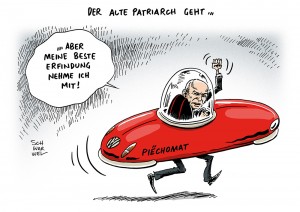 VW: Altpatriarch Piech legt alle Ämter nieder - Karikatur Schwarwel