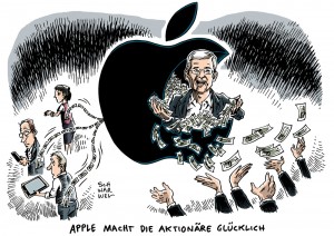 Apple: Unerwartet hohe Gewinne – Tim Cook schüttet an Aktionäre aus - Karikatur Schwarwel