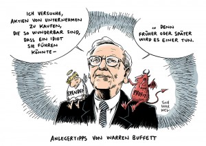 Warren Buffett: Großninvestor zwischen Gutmenschentum und Profitgier - Karikatur Schwarwel