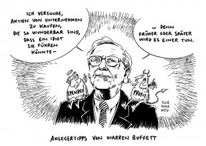 Warren Buffett: Großninvestor zwischen Gutmenschentum und Profitgier - Karikatur Schwarwel