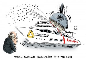 Commerzbank: Bund als Großaktionär stellt sich gegen Bounserhöhung für Manager - Karikatur Schwarwel