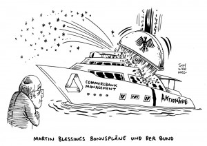 Commerzbank: Bund als Großaktionär stellt sich gegen Bounserhöhung für Manager - Karikatur Schwarwel