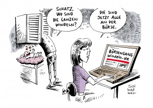 Börsengang: windeln.de geht mit 211 Mio Wert an die Börse - Karikatur Schwarwel