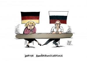 Annäherung: Merkel und Putin senden leiseise Signale der Annäherung am Rande der Gedenkfeiern - Karikatur Schwarwel