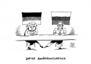 Annäherung: Merkel und Putin senden leiseise Signale der Annäherung am Rande der Gedenkfeiern - Karikatur Schwarwel