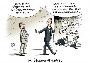 Übernahme: Karstadt-Eigner René Benko will auch Kaufhof - Karikatur Schwarwel