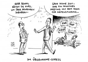 Übernahme: Karstadt-Eigner René Benko will auch Kaufhof - Karikatur Schwarwel