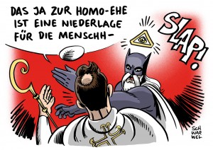 Gleichgeschlechtliche Ehe: Vatikan nennt Irlands Ja zu Homo-Ehe Niederlage für die Menschheit - Karikatur Schwarwel