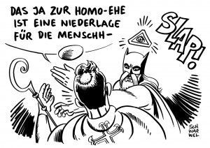 Gleichgeschlechtliche Ehe: Vatikan nennt Irlands Ja zu Homo-Ehe Niederlage für die Menschheit - Karikatur Schwarwel