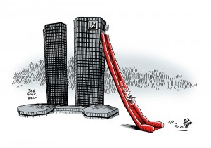 Deutsche Bank: Kursanstieg nach Bekanntgabe der Führungsaufgabe durch Jain und Fitschen - Karikatur Schwarwel