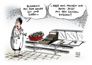 Deutsche tun sich schwer mit moderner Smartphone-Geschäftsabwicklung - Karikatur Schwarwel