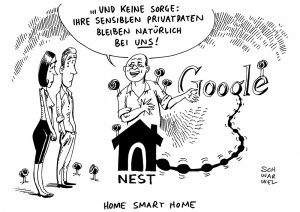 Smart-Home: Google-Tochter Nest stellt neue Überwachungssysteme für Zuhause vor und verspricht Datensicherheit - Karikatur Schwarwel