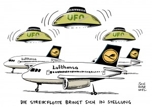 Lufthansa: UFO-Gewerkschaft will Streikaplan für Sommer vorlegen - Karikatur Schwarwel