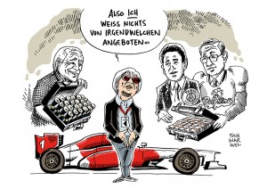 Deal im Motorsport: US-Milliardär plant Formel-1-Übernahme – Ecclestone dementiert - Karikatur Schwarwel