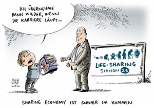 Sharing Economy: Nach Car-Sharing und Miet-Apartments auch Werkzeugtausch im Kommen – Karikatur Schwarwel