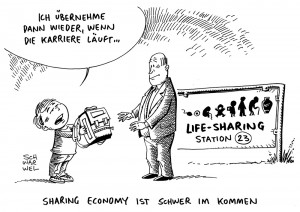 Sharing Economy: Nach Car-Sharing und Miet-Apartments auch Werkzeugtausch im Kommen – Karikatur Schwarwel