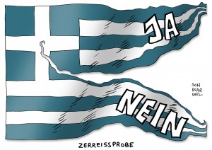 Griechenland-Krise: Sonntags-Referendum teilt Land und Menschen - Karikatur Schwarwel