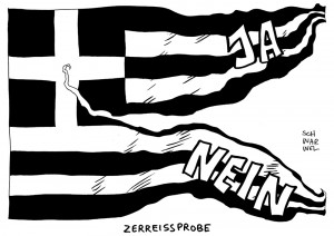 Griechenland-Krise: Sonntags-Referendum teilt Land und Menschen - Karikatur Schwarwel