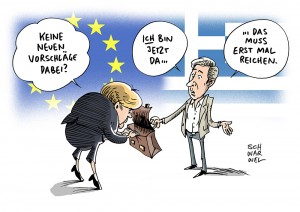Griechenland: Neuer griechischer Finanzminister Tsakalotos ohne neues Sparkonzept für Eurogruppe - Karikatur Schwarwel