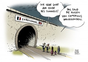 Cameron-Plan für Eurotunnel: Mit Hunden gegen Flüchtlinge - Karikatur Schwarwel