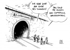 Cameron-Plan für Eurotunnel: Mit Hunden gegen Flüchtlinge - Karikatur Schwarwel