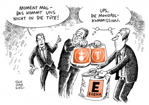 Gutachten für Ministererlaubnis: Monopolkommission rät von Edeka-Tengelmann-Fusion ab - Karikatur Schwarwel