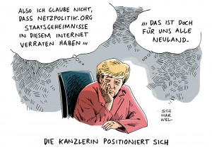Nach Ermittlungen gegen Netzpolitik.org: Merkel positioniert sich – Druck auf Range wächst - Karikatur Schwarwel
