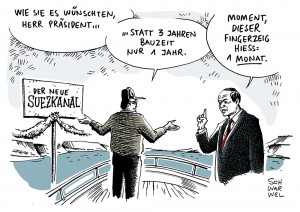 Neuer Suez-Kanal: Ägyptens Präsident al-Sisi verkürzte durch Fingerzeit Bauzeit von 3 Jahren auf 1 Jahr - Karikatur Schwarwel