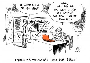 Cyber-Kriminalität: Insiderhandel mit gehackten Firmendaten - Karikatur Schwarwel