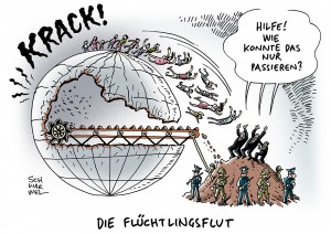 EU-Kommission: Schlimmste Flüchtlingskrise seit Ende des Zweiten Weltkriegs - Karikatur Schwarwel