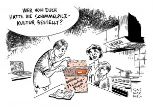 Online-Lebensmittel: Nur 1,2% bestellen Essen im Internet, Problem der Händler ist vor allem die Frischhaltung - Karikatur Schwarwel