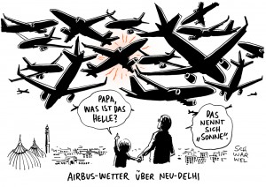 Airbus: Indische Fluggesellschaft IndiGo kauft 250 Maschinen vom Typ A320neo - Karikatur Schwarwel