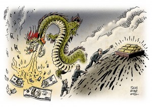 Börsendepression: Chinas nachlassende Wirtschaft lässt Wallstreet absacken und Gold attraktiver werden - Karikatur Schwarwel
