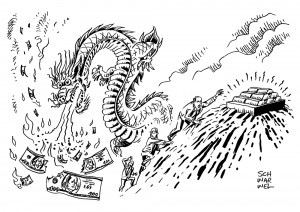 Börsendepression: Chinas nachlassende Wirtschaft lässt Wallstreet absacken und Gold attraktiver werden - Karikatur Schwarwel