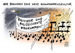 Willkommenskultur: Kritik am Schweigen der Politik und der Einsatztaktik der Polizei zum Schutz der Flüchtlinge wächst - Karikatur Schwarwel