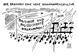 Willkommenskultur: Kritik am Schweigen der Politik und der Einsatztaktik der Polizei zum Schutz der Flüchtlinge wächst - Karikatur Schwarwel