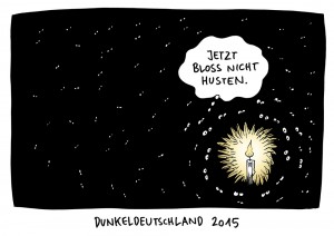 Dunkeldeutschland: Gauch und Merkel besuchen Flüchtlingsunterkünfte - Karikatur Schwarwel
