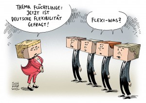 Merkel zum Thema Flüchtlinge: Bundeskanzlerin fordert „deutsche Flexibilität“ ein - Karikatur Schwarwel