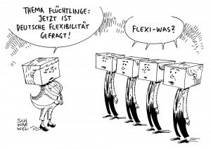Merkel zum Thema Flüchtlinge: Bundeskanzlerin fordert „deutsche Flexibilität“ ein - Karikatur Schwarwel
