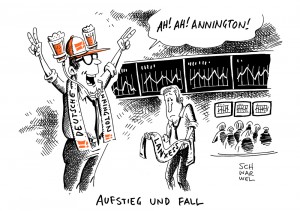 Deutsche Börse: Wahrscheinlicher Wechsel von Lanxess gegen Annington - Karikatur Schwarwel