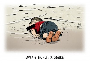 Flüchtlinge: Aylan Kurdi, drei Jahre alt, ertrunken im Mittelmeer - Karikatur Schwarwel