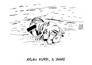 Flüchtlinge: Aylan Kurdi, drei Jahre alt, ertrunken im Mittelmeer - Karikatur Schwarwel